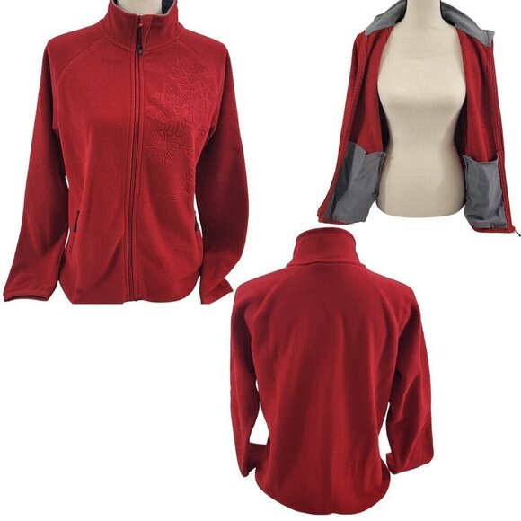 Fuda Women’s Red Fleece Floral Impressed Full Zip Jacket – Size Small - Picture 1 of 16